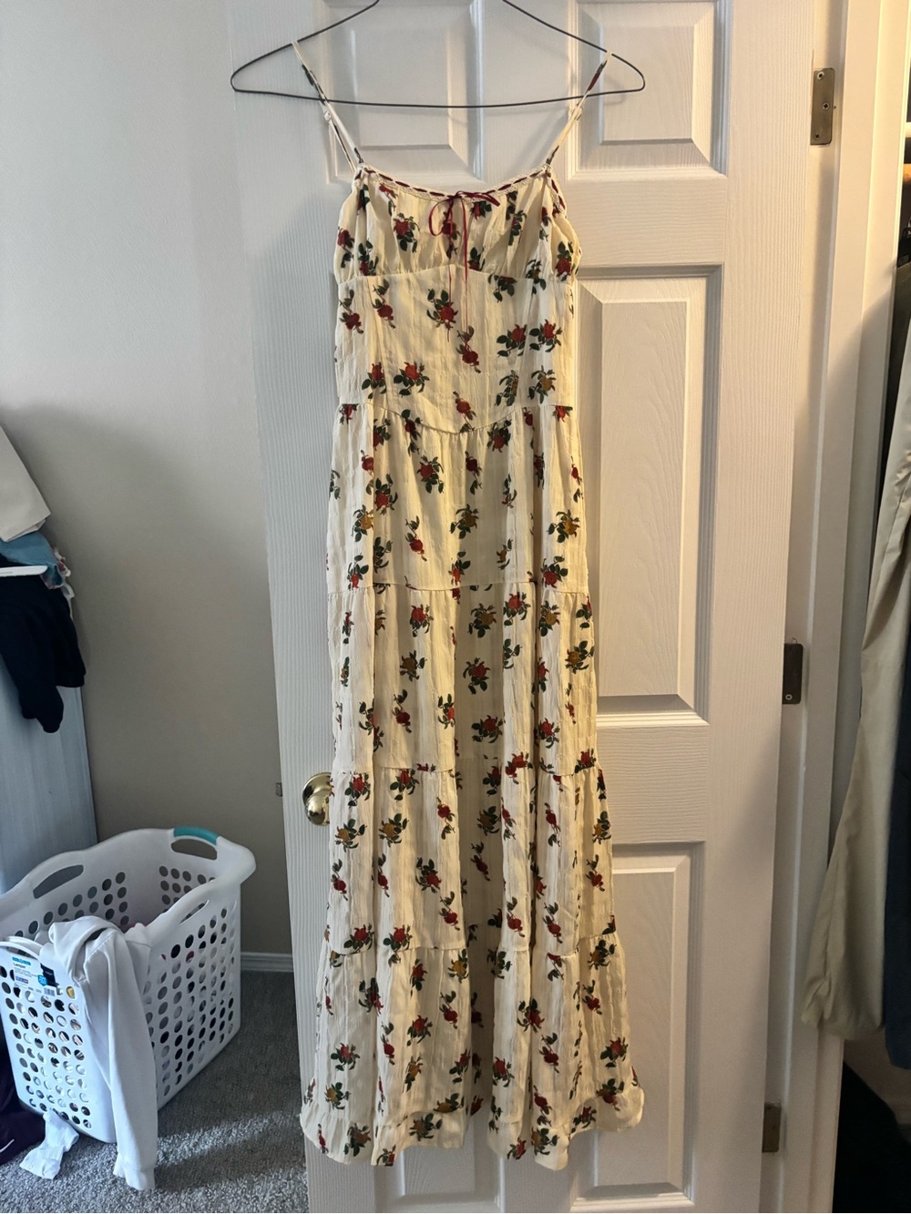 Cream Maxi Dress with Red Rose Print and Spaghetti Straps